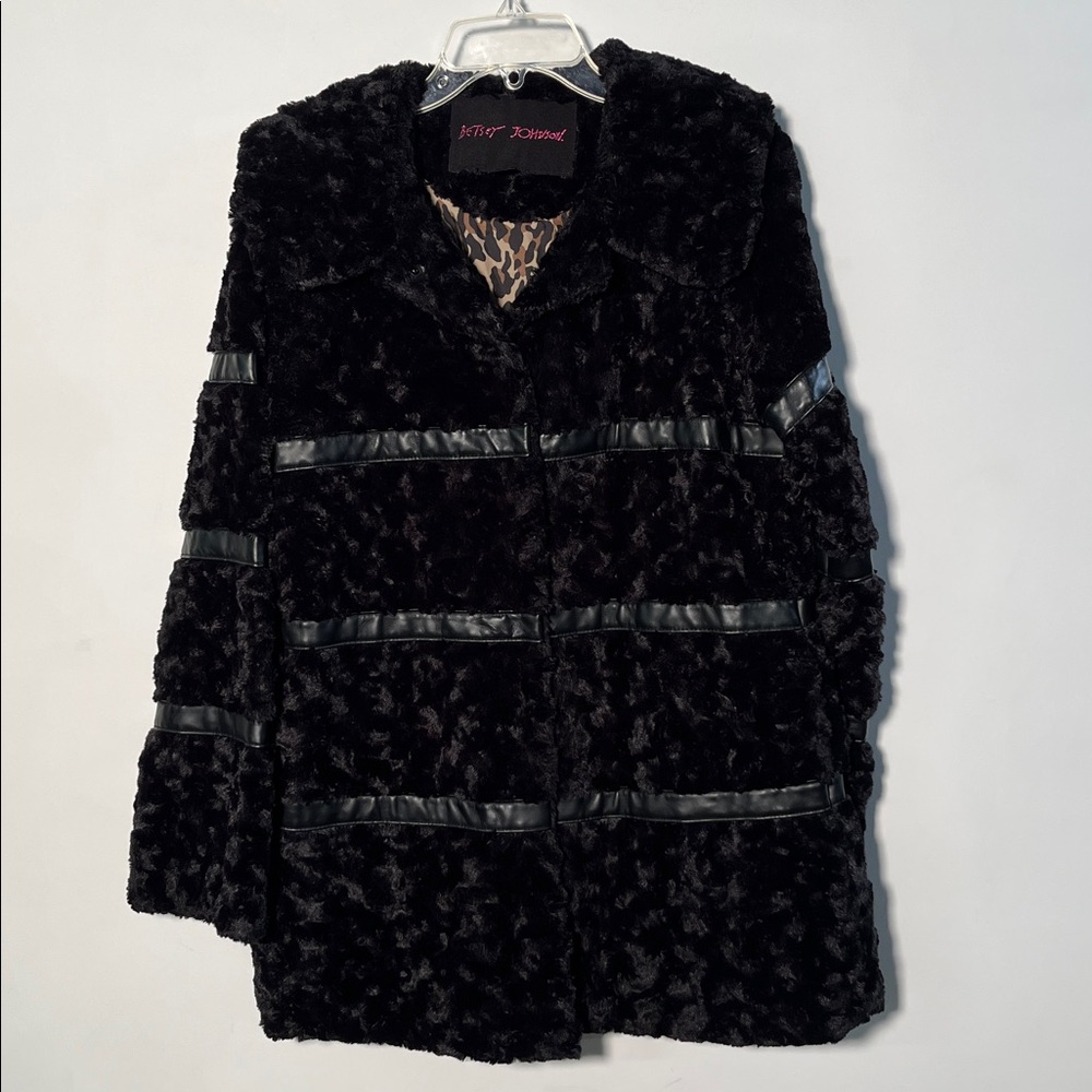 BETSEY JOHNSON Penny Lane Faux Mongolian Fur/Leather Mod Wide Collar BLK Coat S - Picture 10 of 16